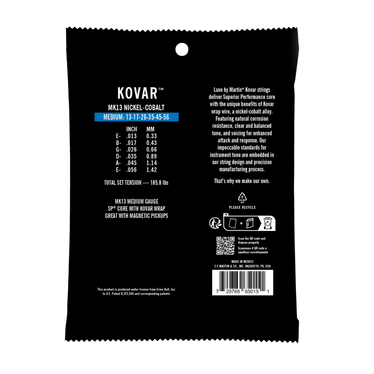 Martin Luxe Kovar Nickel-Cobalt Acoustic Guitar Strings, Medium Gauge, 13-56