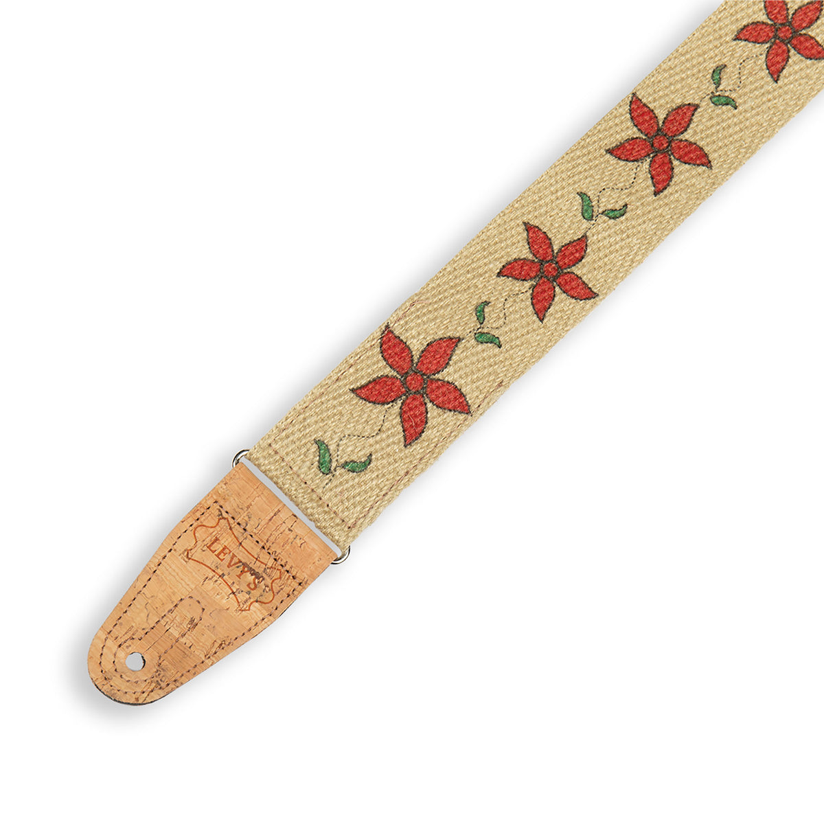 Levys 2” Flowering Vine Hemp Guitar Strap with Red Flowers