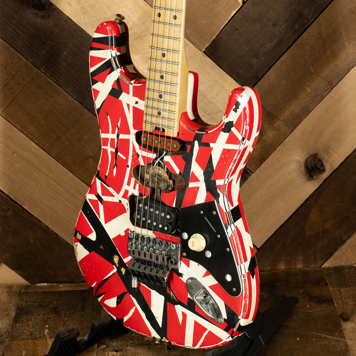 EVH 2019 Striped Series Frankie Electric Guitar, Red White & Black Stripes Relic With Gigbag - Used