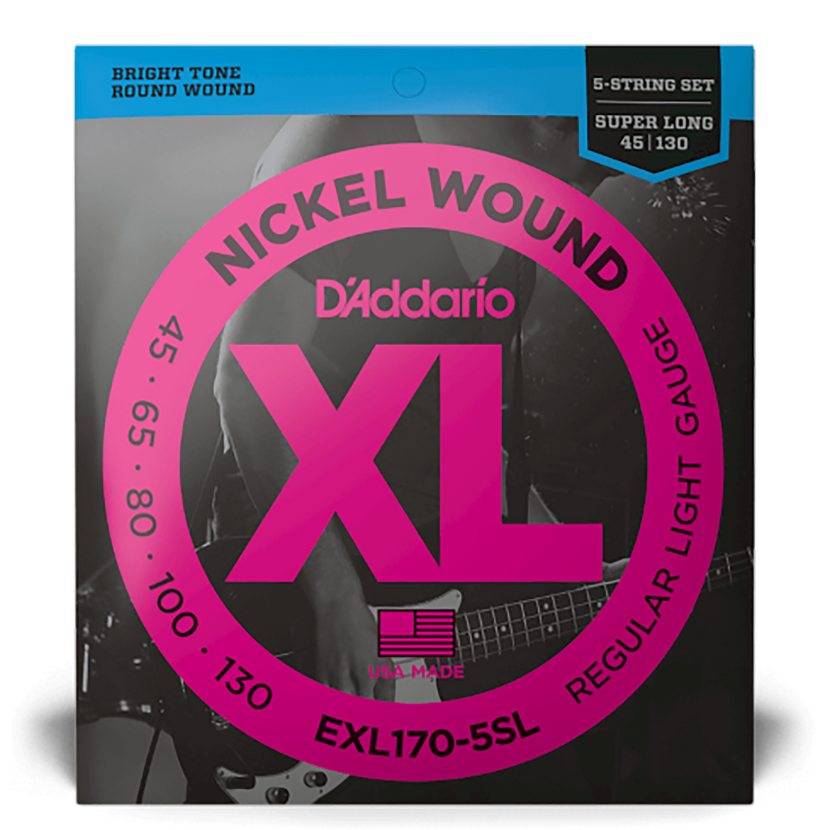 D'Addario 45-130 Light 5 String Nickel Wound Bass Strings, Super Long Scale