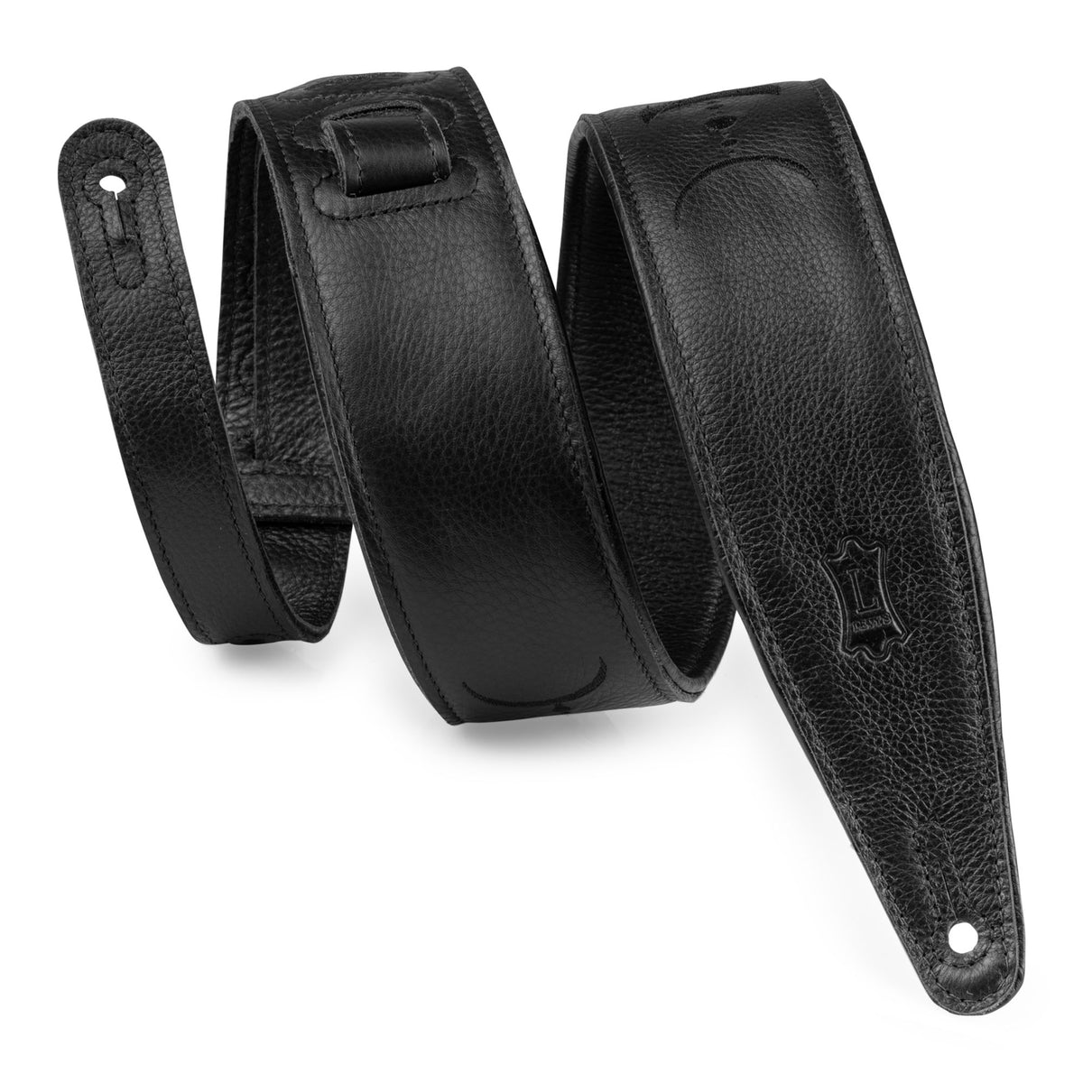 Levys 2.5" Black Padded Garment Leather Guitar Strap, With Black Embroidered Moon Phases