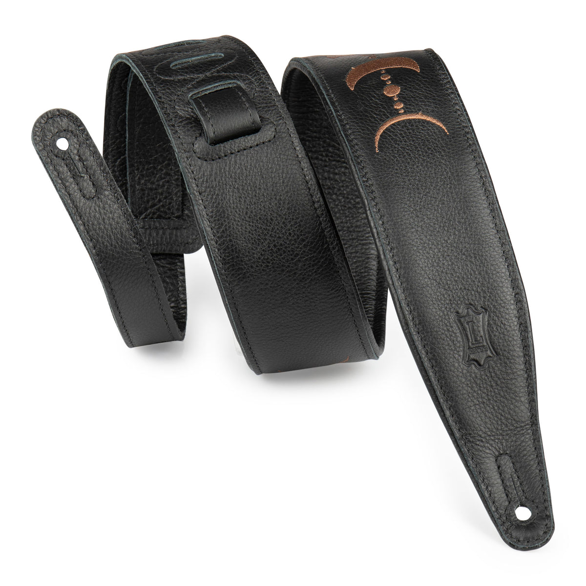 Levys 2.5" Black Padded Garment Leather Guitar Strap With Brown Embroidered Moon Phases