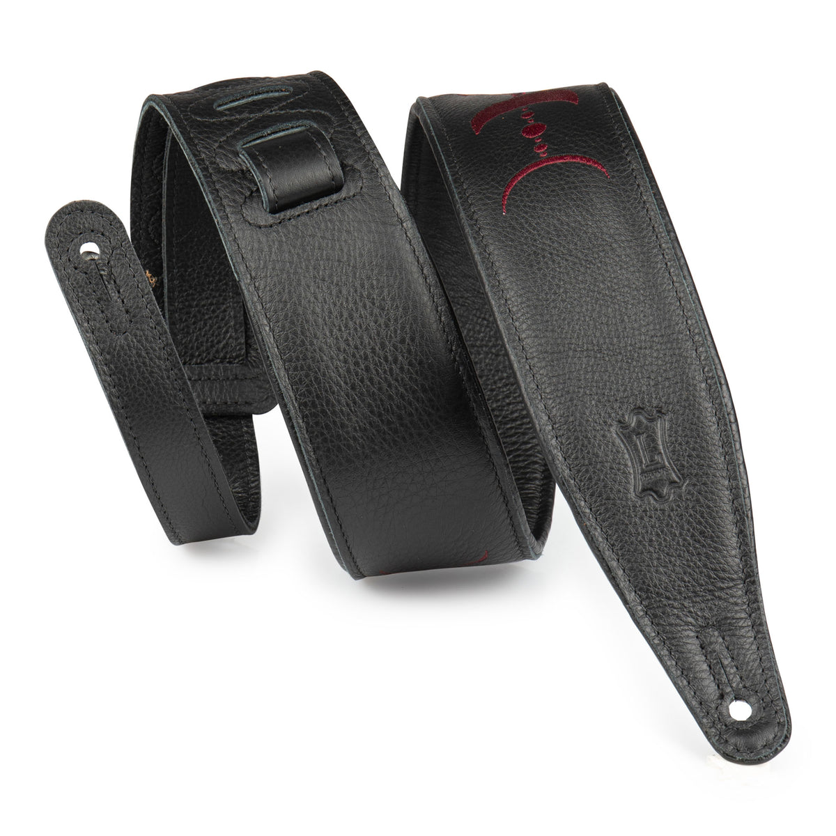 Levys 2.5" Black Padded Garment Leather Guitar Strap With Burgundy Embroidered Moon Phases