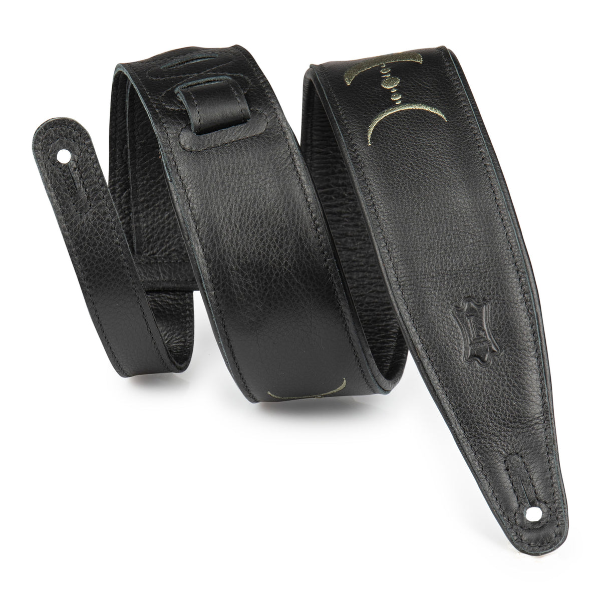 Levy's 2.5" Black Padded Garment Leather Guitar Strap With Green Embroidered Moon Phases