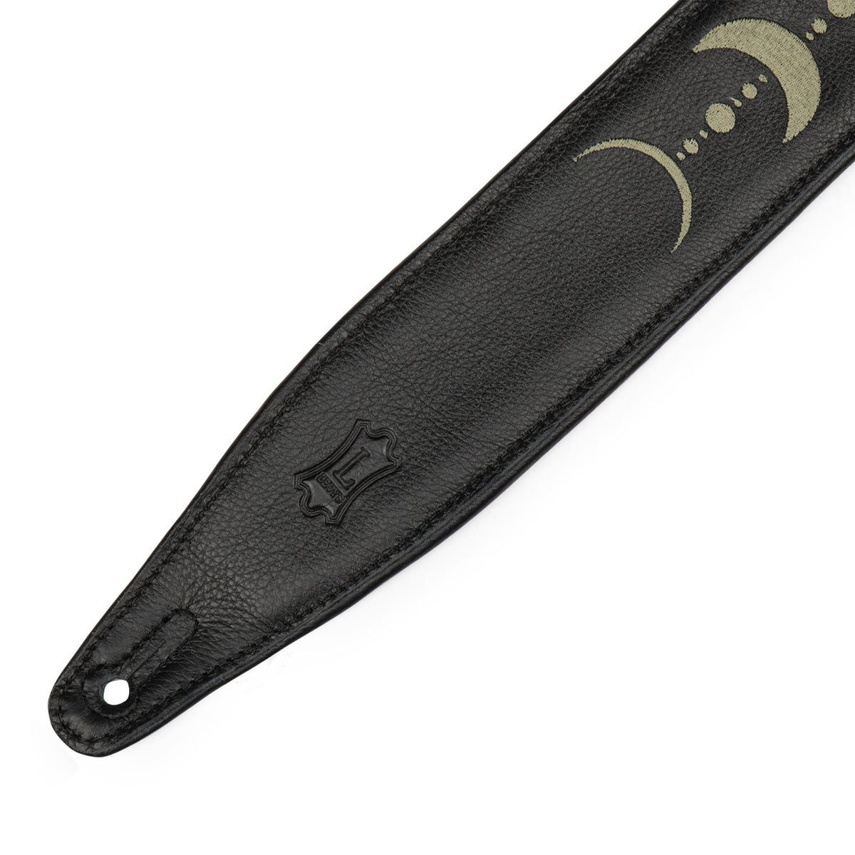 Levy's 2.5" Black Padded Garment Leather Guitar Strap With Green Embroidered Moon Phases