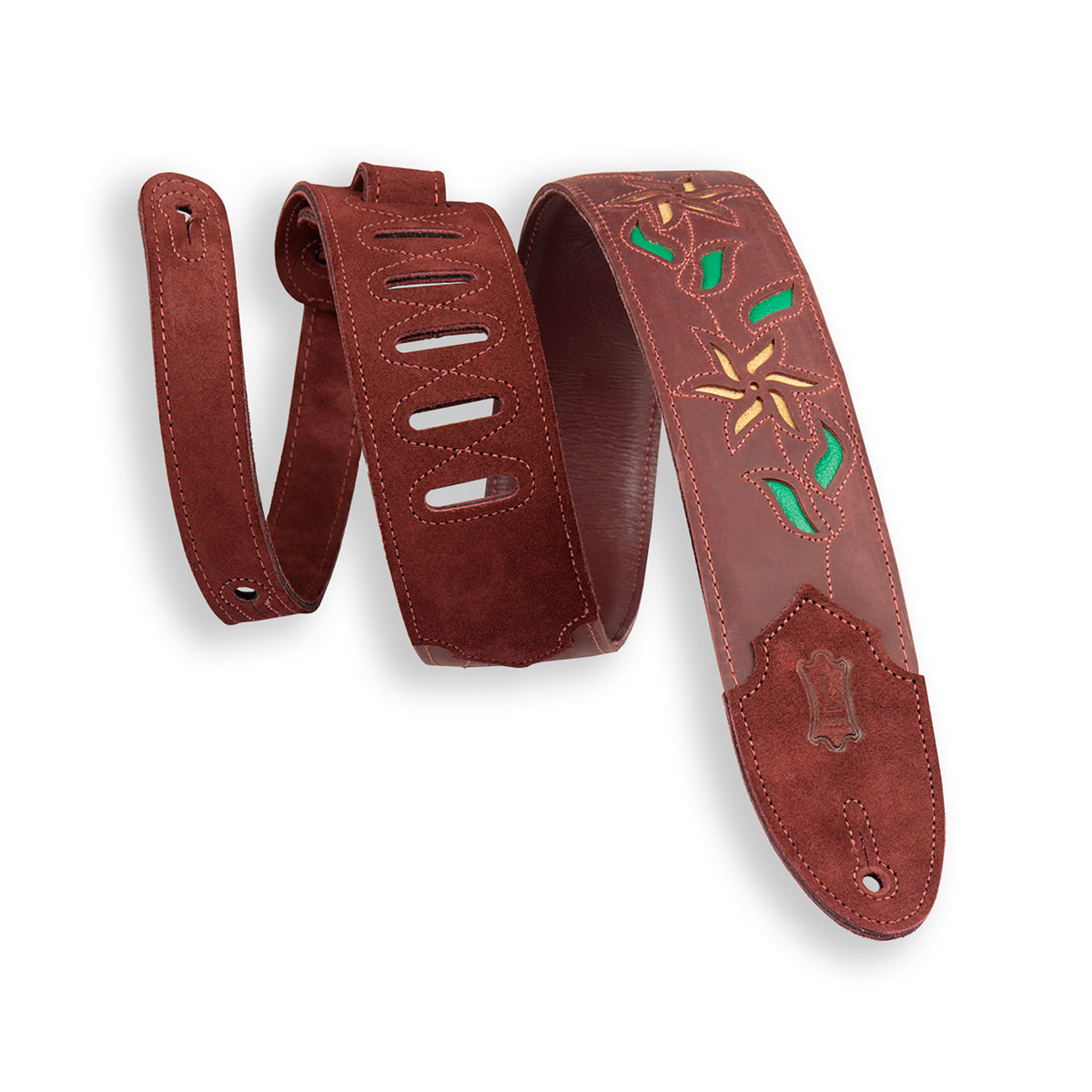 Levys Flowering Vine Series Guitar Strap, Burgundy Leather, Yellow Flowers