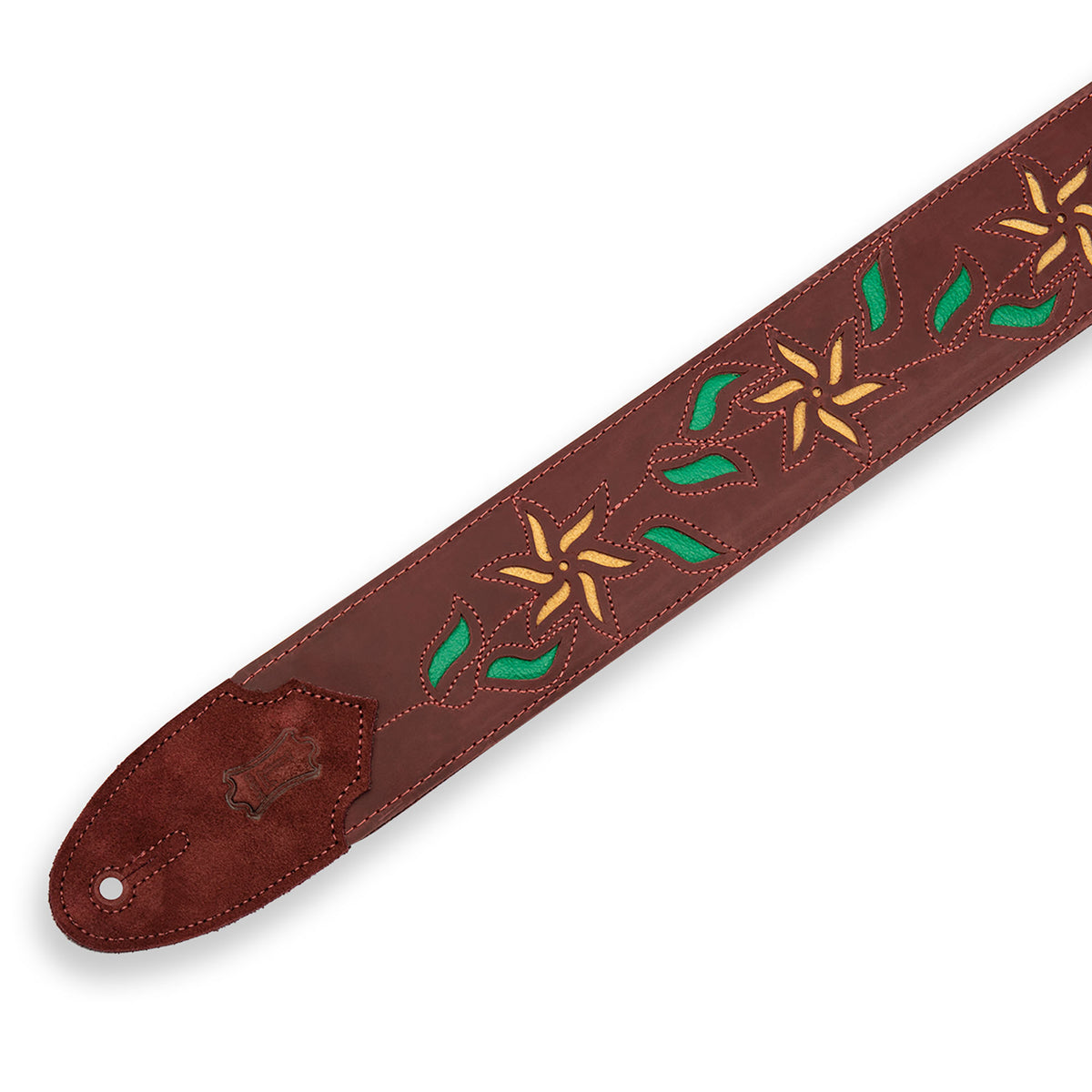 Levys Flowering Vine Series Guitar Strap, Burgundy Leather, Yellow Flowers