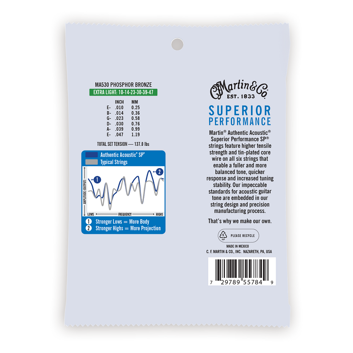 Martin Authentic Acoustic SP Guitar Strings, .10-.47 Extra Light, 92/8 Phosphor Bronze