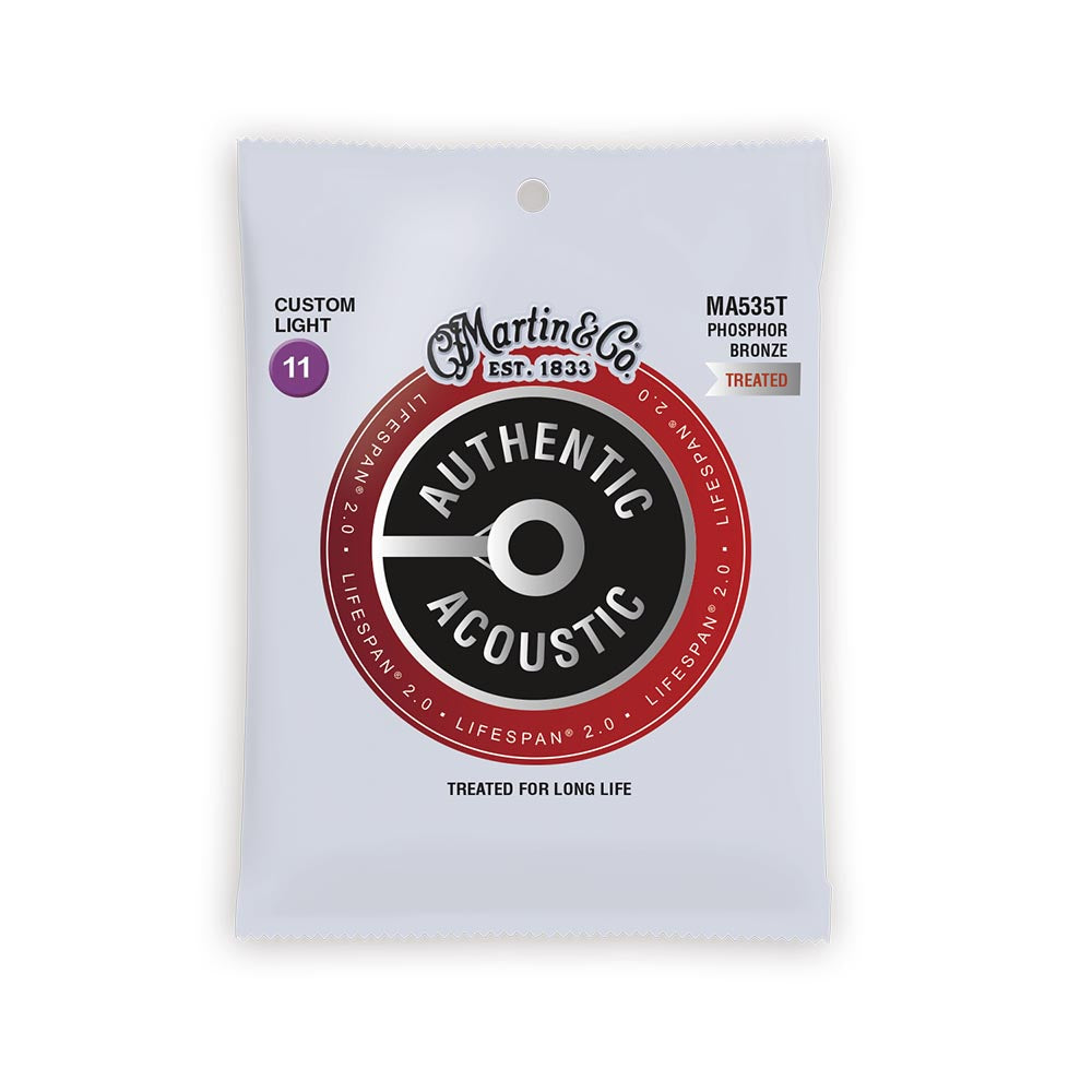 Martin Authentic Acoustic Lifespan 2.0 Treated Phosphor Bronze Guitar Strings, .011-.052 Custom Light