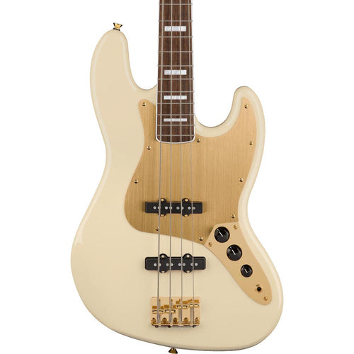 Squier 40th Anniversary Jazz Bass Guitar, Laurel, Gold Edition, Olympic White