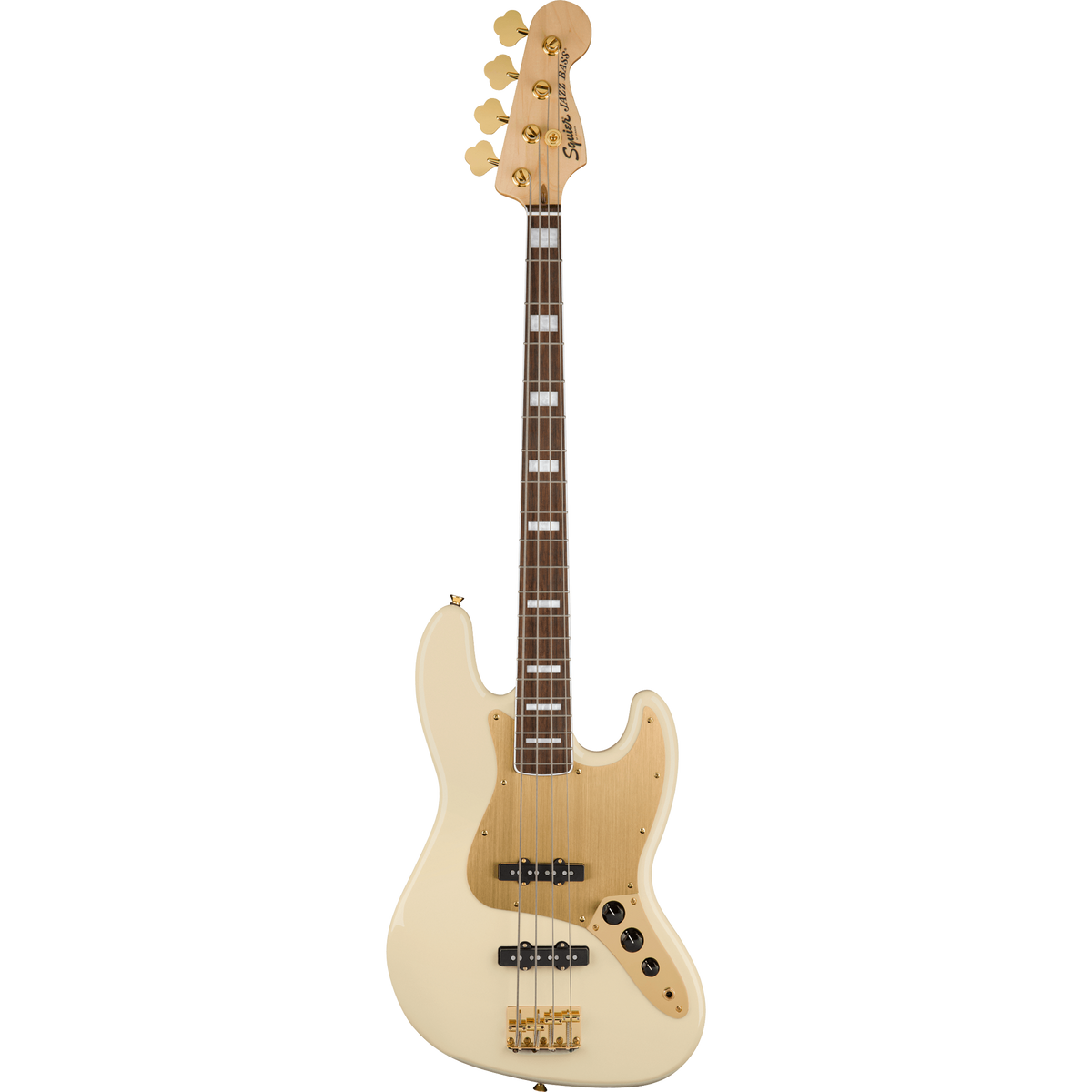 Squier 40th Anniversary Jazz Bass Guitar, Laurel, Gold Edition, Olympic White