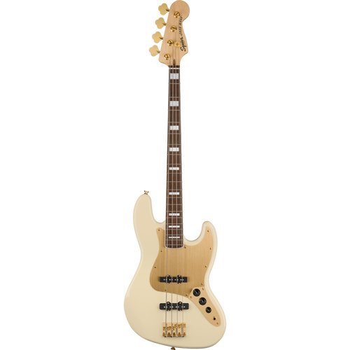 Squier 40th Anniversary Jazz Bass Guitar, Laurel, Gold Edition, Olympic White