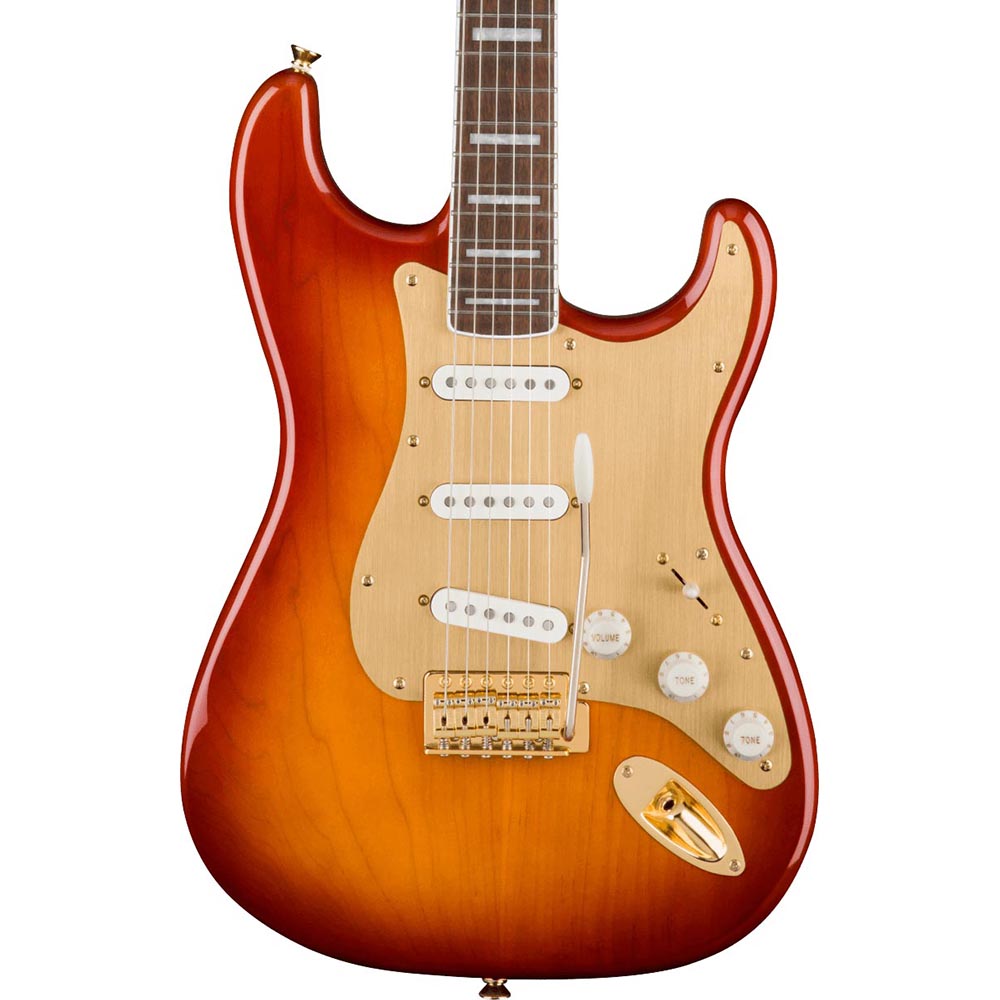 Squier 40th Anniversary Stratocaster Electric Guitar, Laurel, Gold Edition, Sienna Sunburst