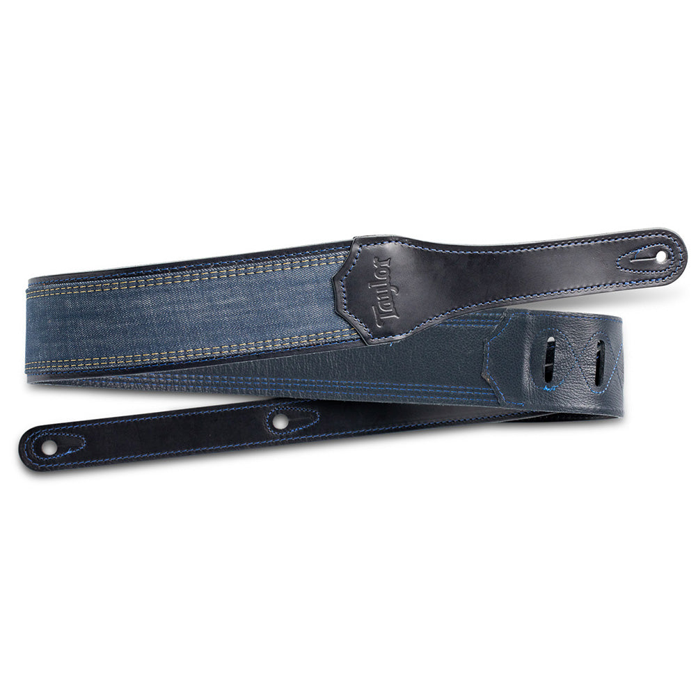Taylor Blue Denim Strap, Navy Leather Edges 2.5 Inch Embossed Logo