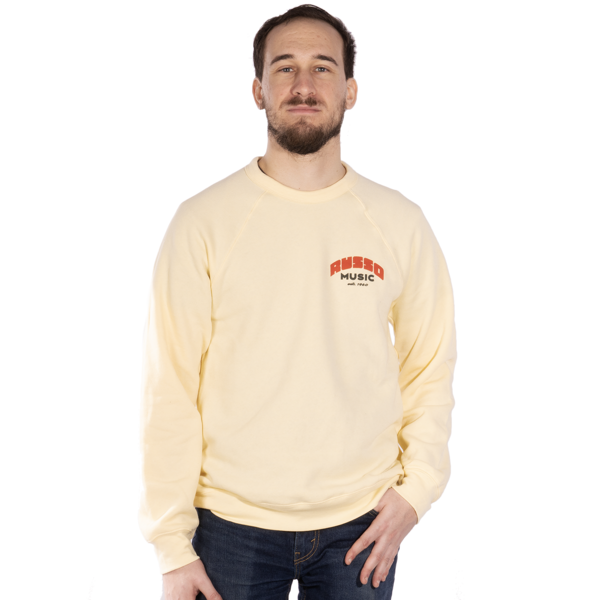 Russo Music Crew Neck Sweatshirt, Black and Red on French Vanilla