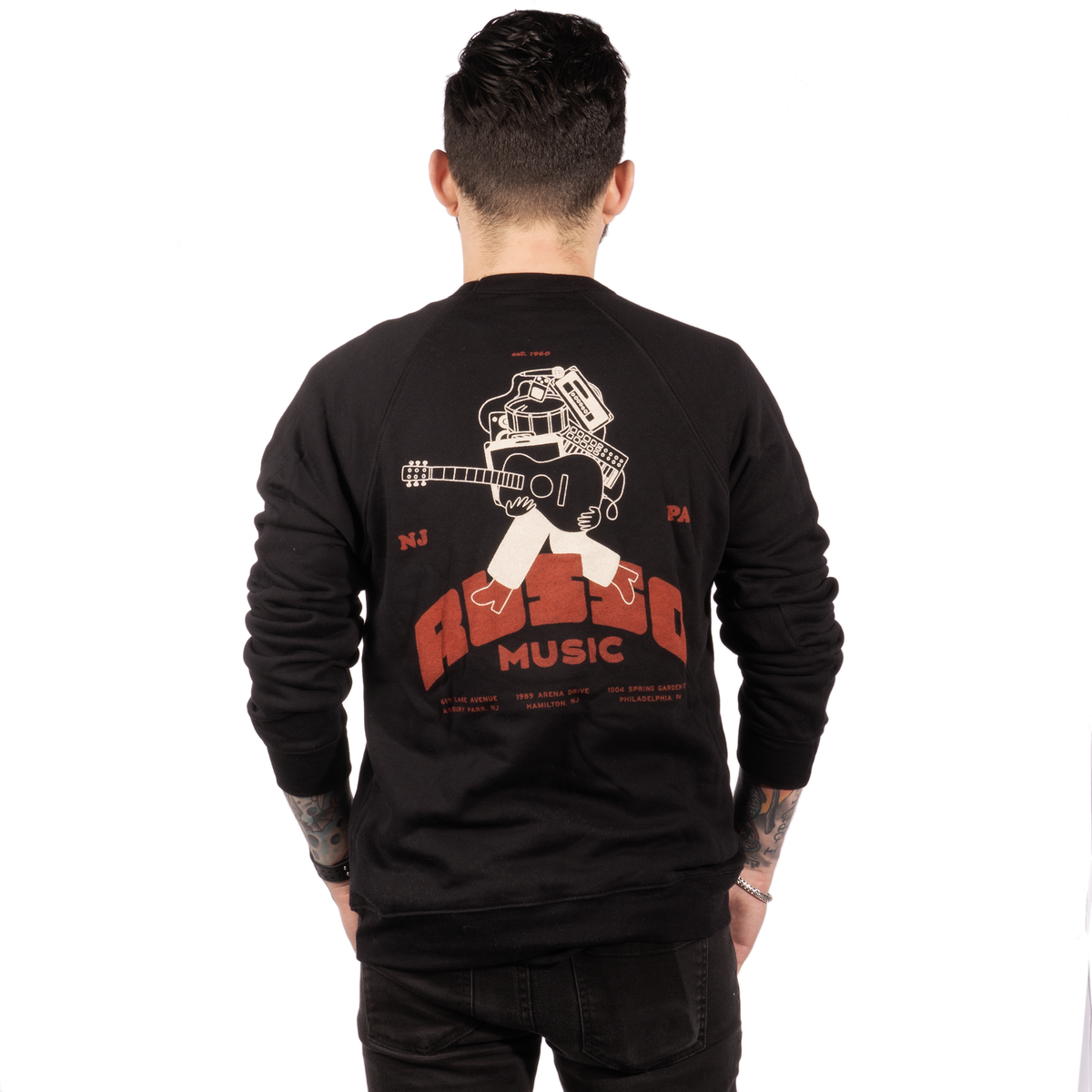 Russo Music Crew Neck Sweatshirt, Red and Cream on Black