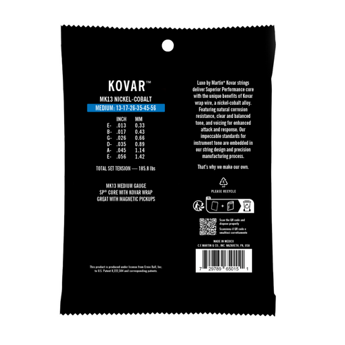 Martin Luxe Kovar Nickel-Cobalt Acoustic Guitar Strings, Medium Gauge, 13-56
