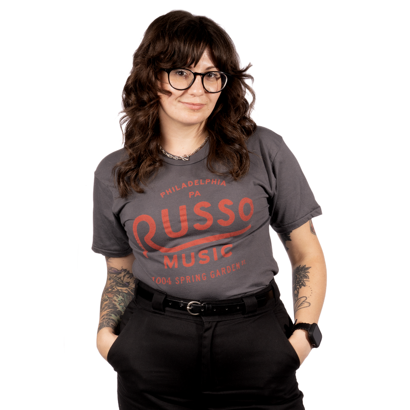 Russo Music 'Philly Spring Garden Logo' T-Shirt, Red on Grey