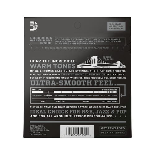 D'Addario XL Chromes Bass Guitar Strings, 45-100, Light, Medium Scale