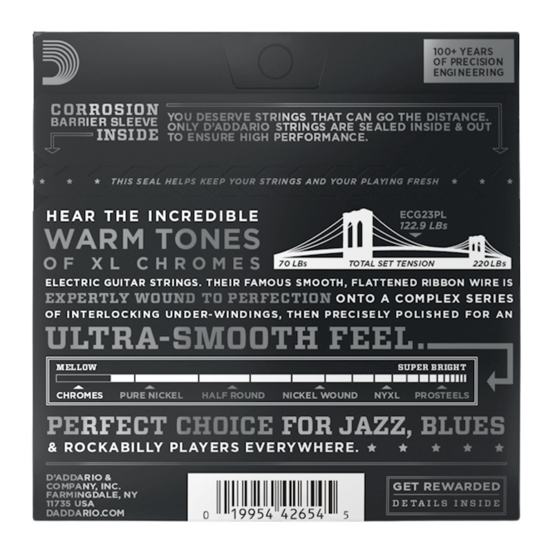 D'Addario XL Chromes Flatwound Electric Guitar Strings, 10-48, Extra Light, Plain Third