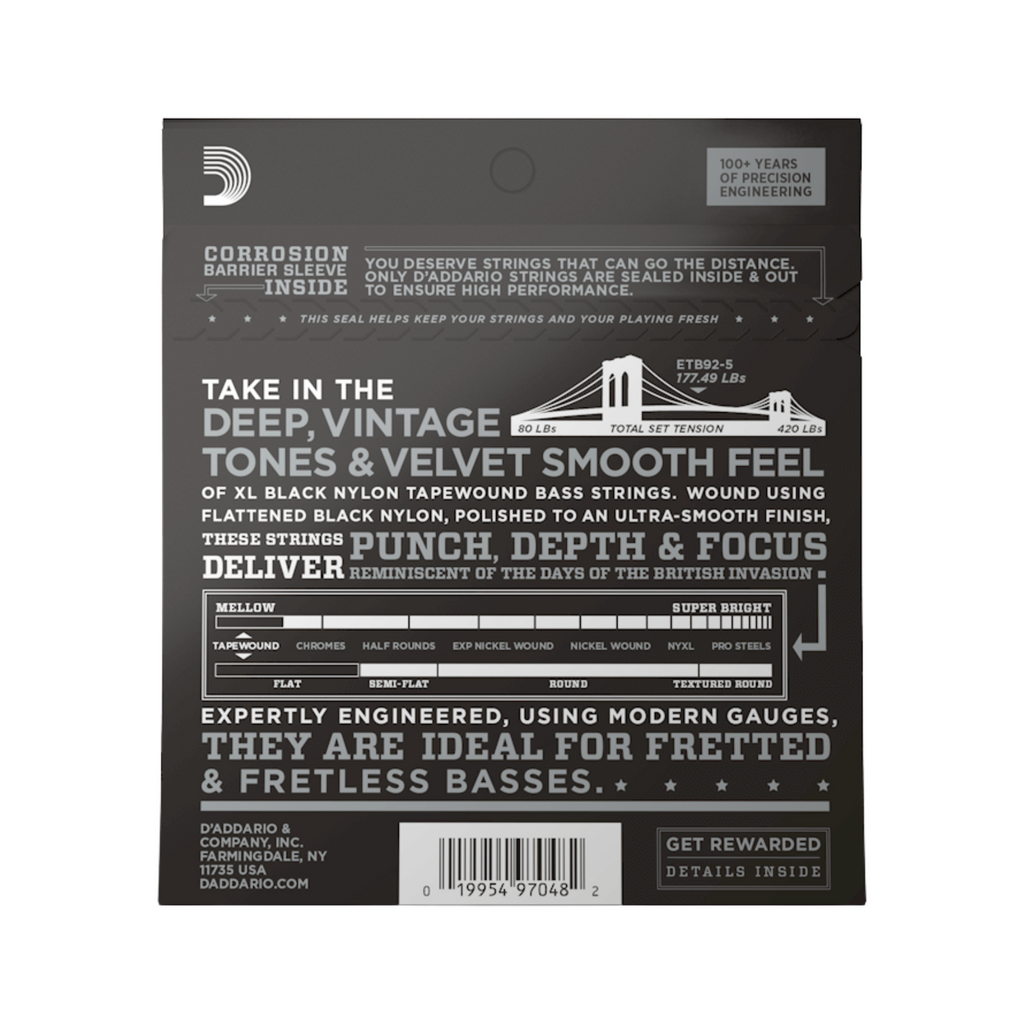 Tapewound D'Addario XL Nylon Tapewound 5 String Bass Guitar Strings, 50-135