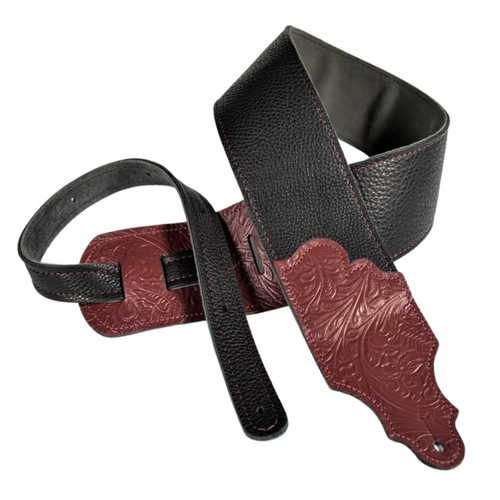 Franklin Strap 3'' Black Glove Leather Guitar/Bass Strap, Red Tooled Ends