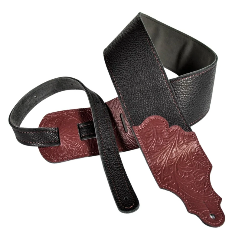 Franklin Strap 3'' Black Glove Leather Guitar/Bass Strap, Red Tooled Ends