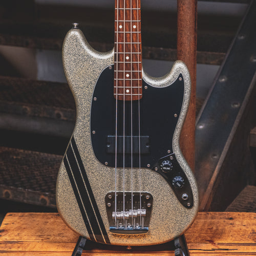 2012 Squier Mikey Way Mustang Bass Guitar Silver Sparkle w Gig Bag