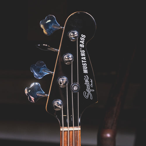 2012 Squier Mikey Way Mustang Bass Guitar, Silver Sparkle w/Gig Bag - Used