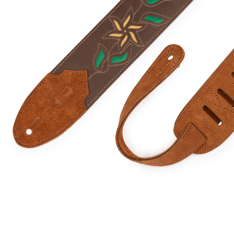 Levys 2.5” Flowering Vine Series Guitar Strap, Brown Leather, Yellow Flowers