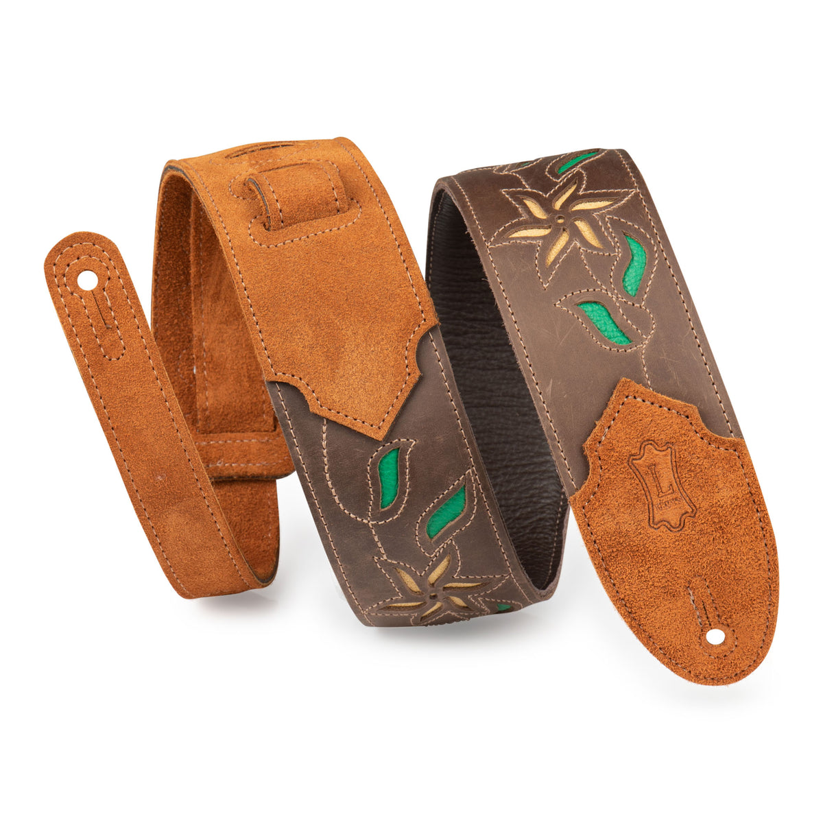 Levys 2.5” Flowering Vine Series Guitar Strap, Brown Leather, Yellow Flowers