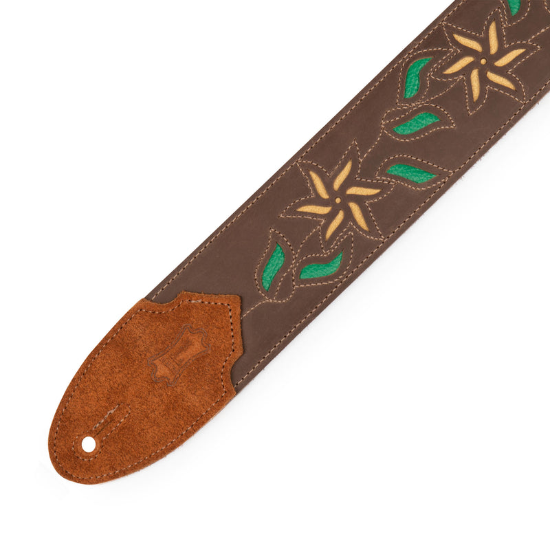 Levys 2.5” Flowering Vine Series Guitar Strap, Brown Leather, Yellow Flowers