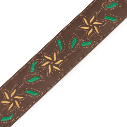 Levys 2.5” Flowering Vine Series Guitar Strap, Brown Leather, Yellow Flowers