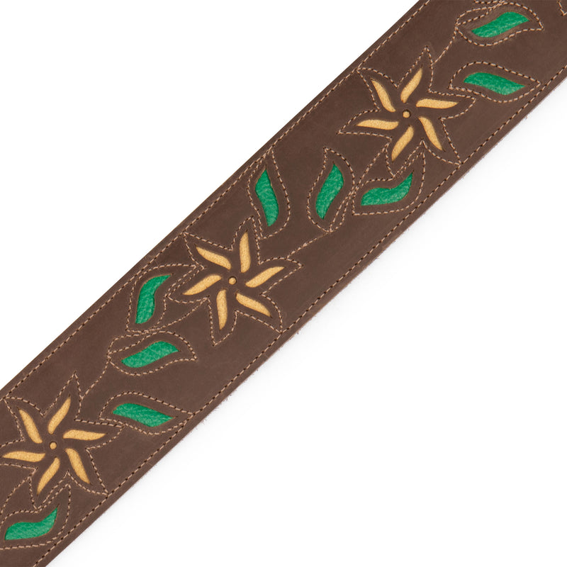 Levys 2.5” Flowering Vine Series Guitar Strap, Brown Leather, Yellow Flowers