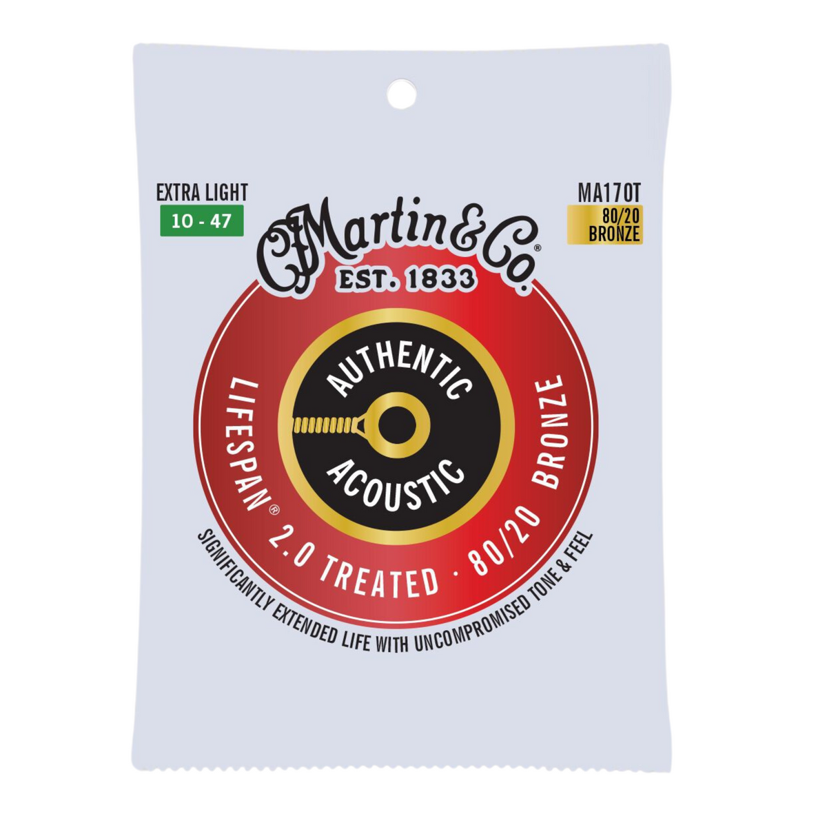 Martin Authentic Acoustic Lifespan 2.0 Treated 80/20 Bronze Guitar Strings, .010-.047 Extra Light