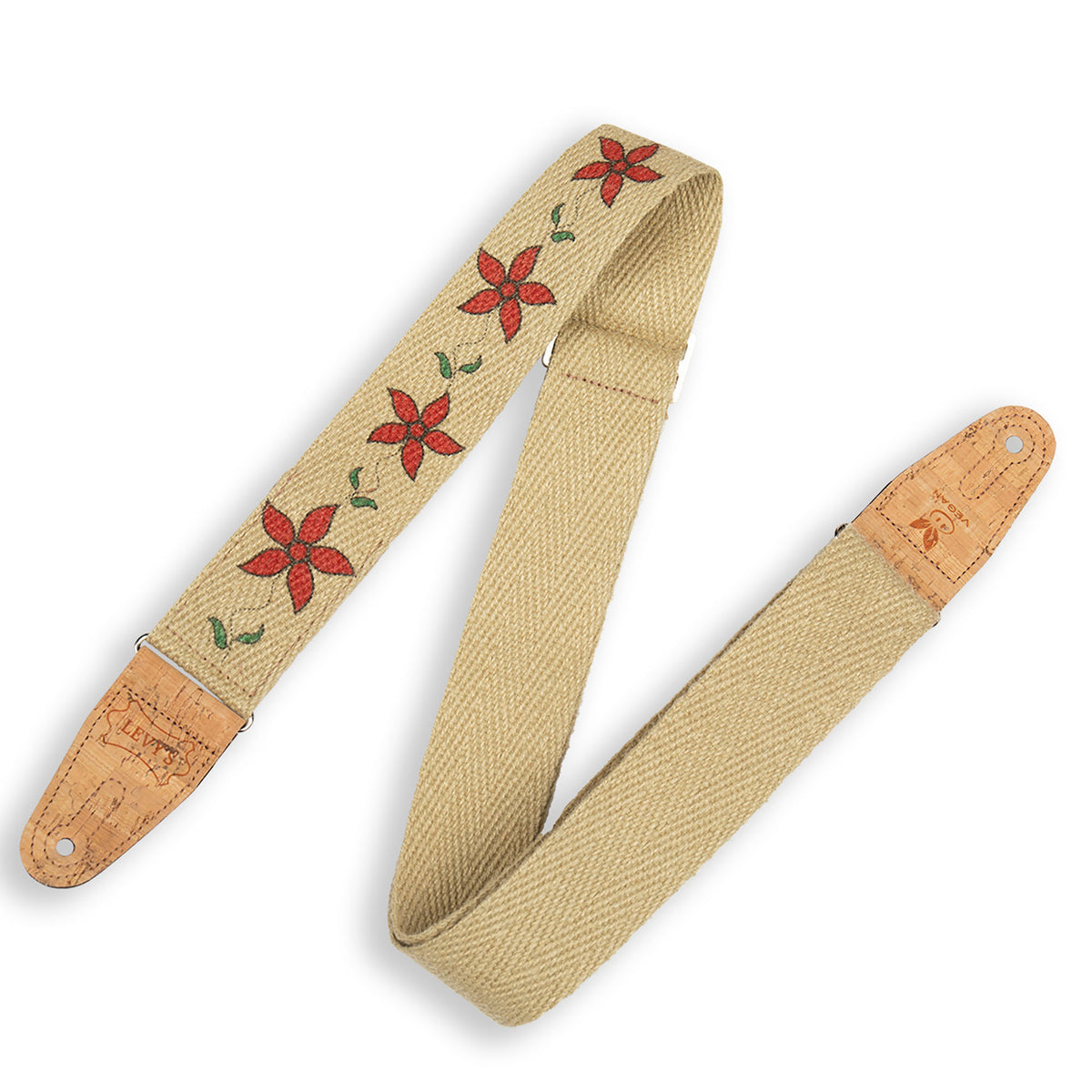 Levys 2” Flowering Vine Hemp Guitar Strap with Red Flowers