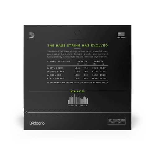 D'Addario NYXL Nickel Light Top/Medium Bottom Bass Guitar Strings, 45-105, Long Scale