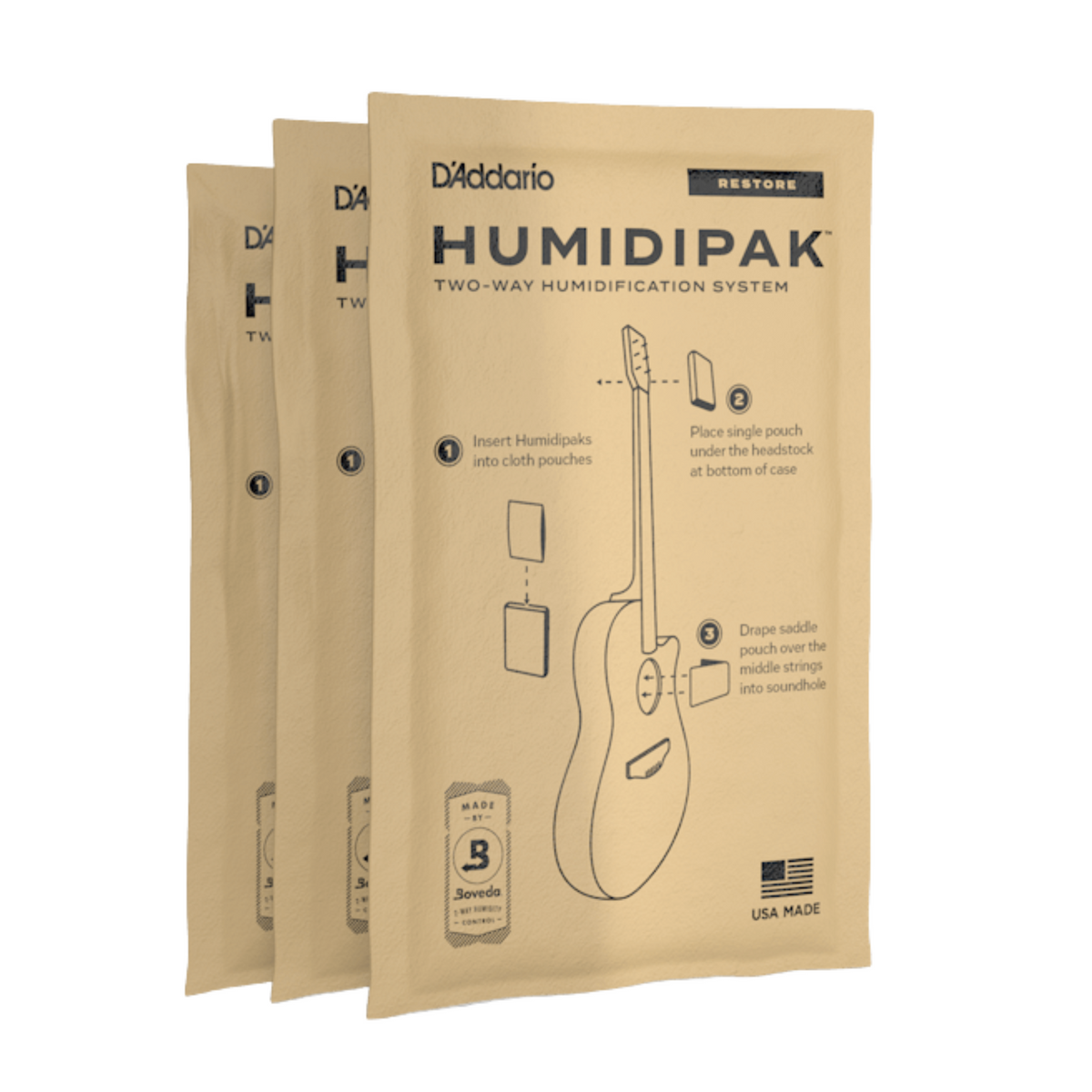 D'Addario Humidipak Restore Two-Way Humidification System Conditioning Packets, 3 Pack