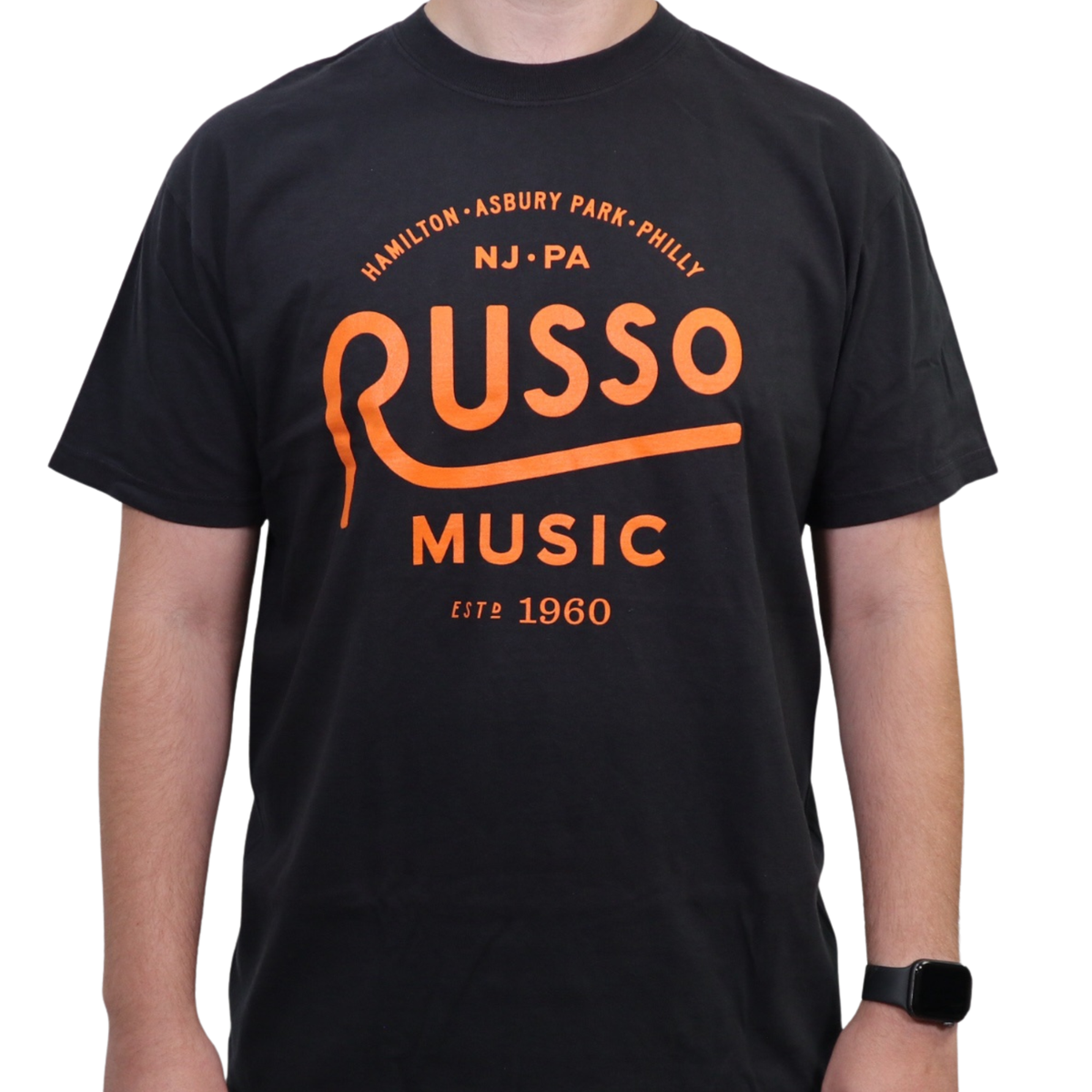 Russo Music '3 Locations' T-Shirt, Black w/ Orange Logo