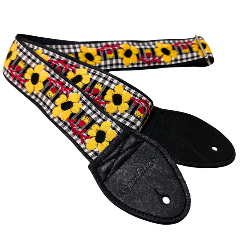 Souldier Belle Guitar Strap, Large Yellow Flower on Black/White, Gingham