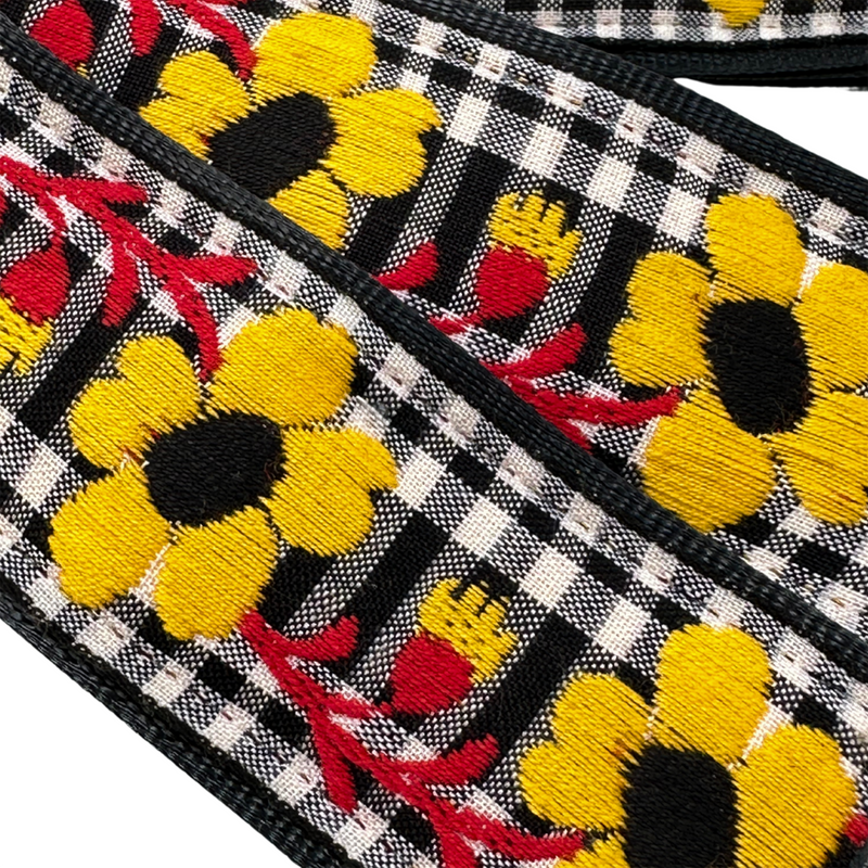 Souldier Belle Guitar Strap, Large Yellow Flower on Black/White, Gingham