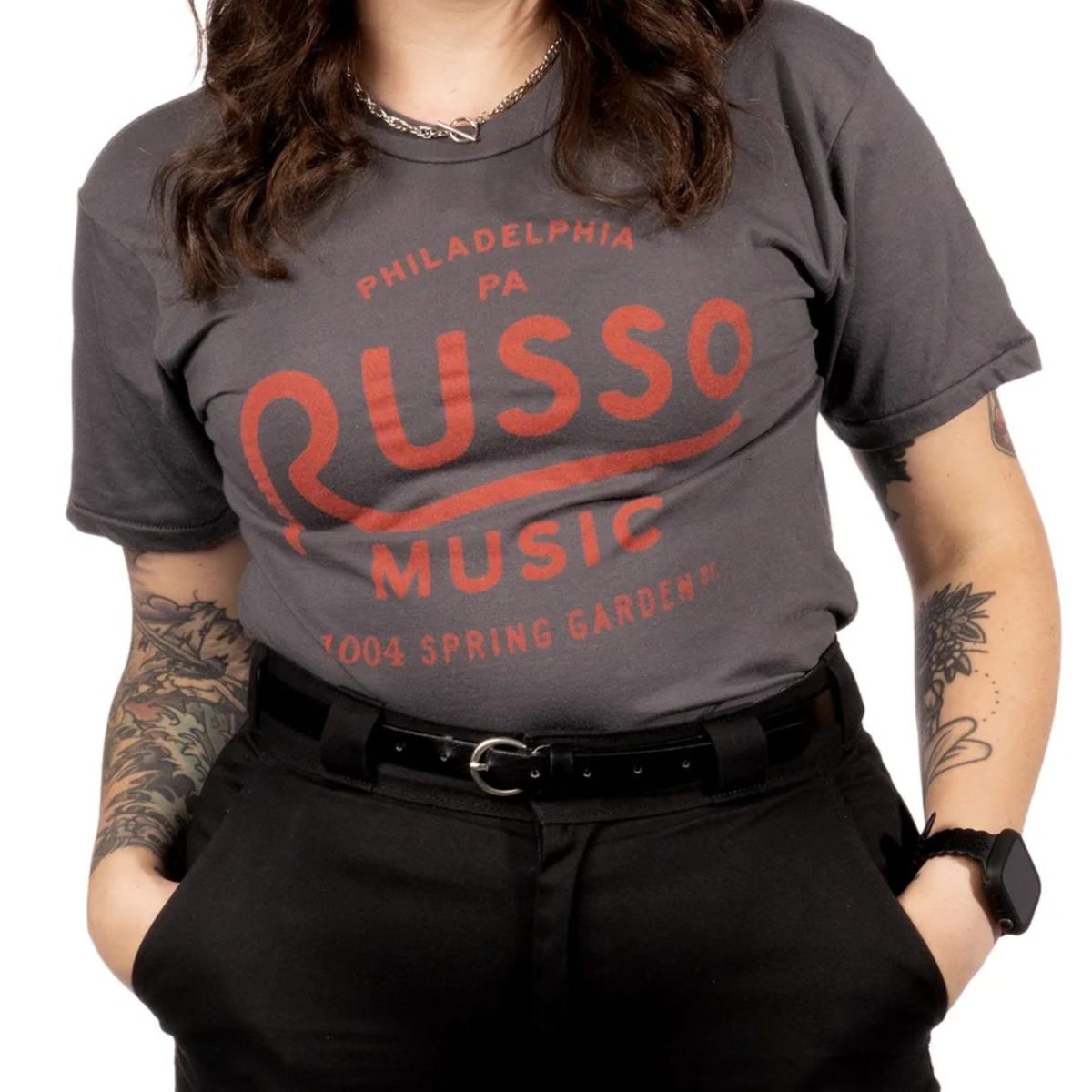 Russo Music 'Philly Spring Garden Logo' T-Shirt, Red on Grey