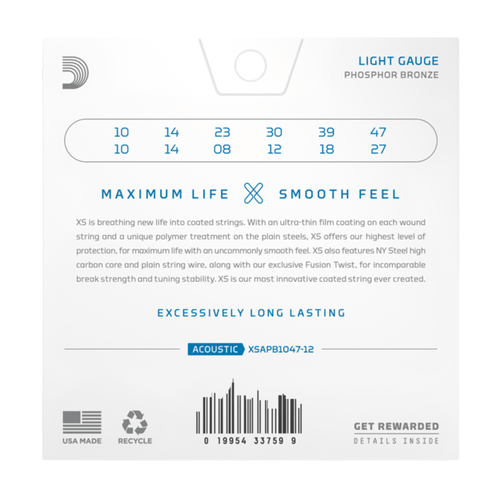 D'Addario 10-47 XS Phosphor Bronze 12 String Light Acoustic Strings