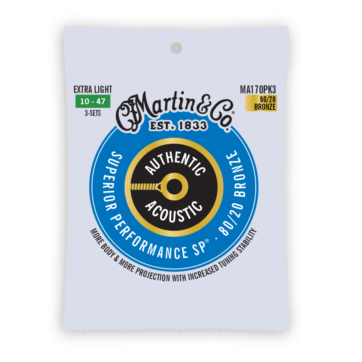 Martin 3 Pack 10-47 Extra Light Authentic Acoustic SP 80/20 Bronze Guitar Strings