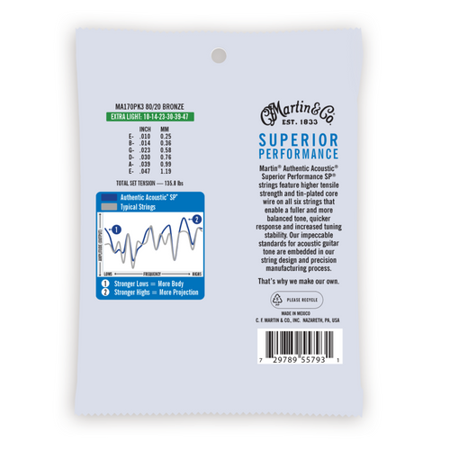 Martin 3 Pack 10-47 Extra Light Authentic Acoustic SP 80/20 Bronze Guitar Strings