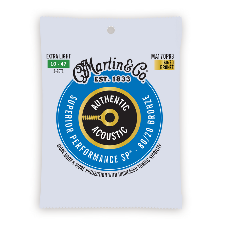 Martin 3 Pack 10-47 Extra Light Authentic Acoustic SP 80/20 Bronze Guitar Strings
