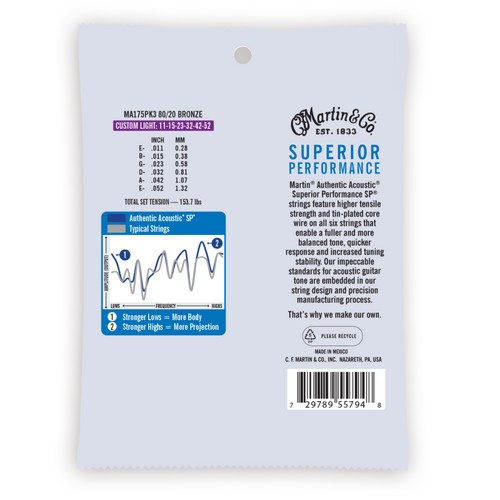 Martin 3 Pack 11-52 Custom Light Authentic Acoustic SP 80/20 Bronze Guitar Strings