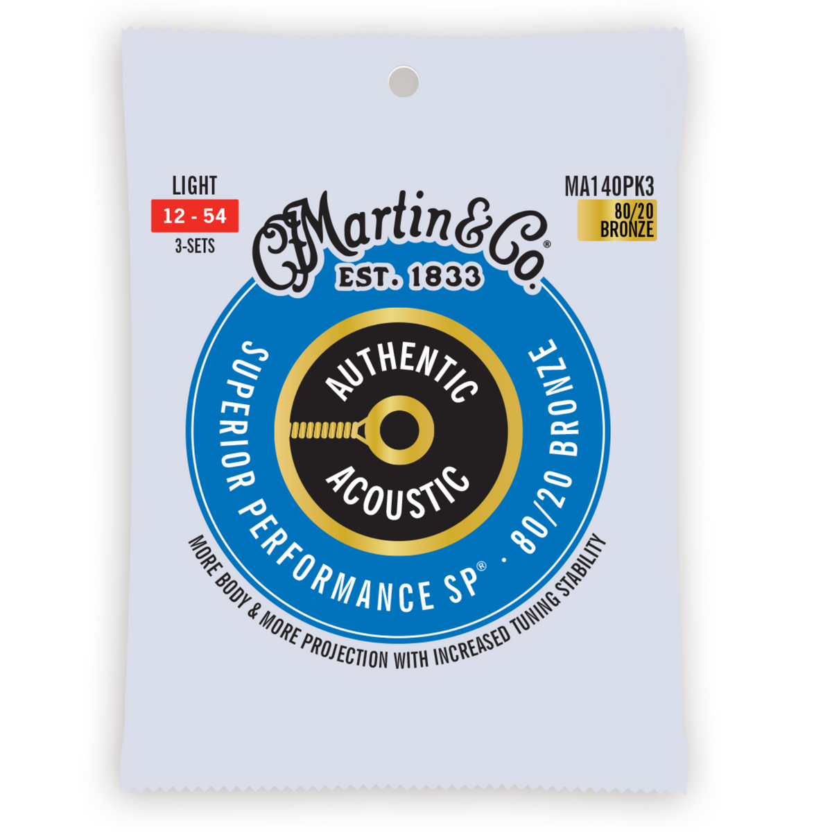 Martin 3 Pack 12-54 Light Authentic Acoustic SP 80/20 Bronze Guitar Strings