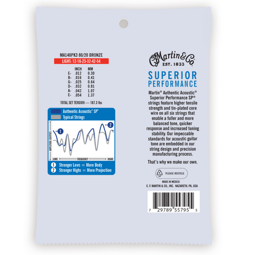 Martin 3 Pack 12-54 Light Authentic Acoustic SP 80/20 Bronze Guitar Strings