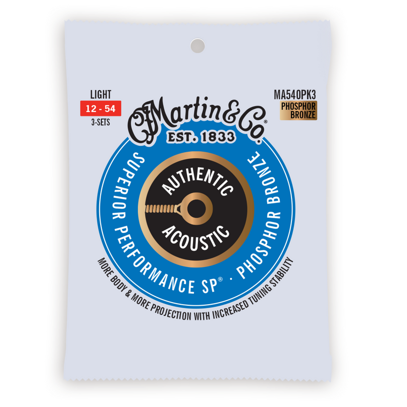 Martin 3 Pack 12-54 Light Authentic Acoustic SP Phosphor Bronze Guitar Strings